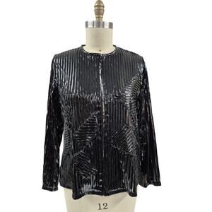 Women's Laura Ashley Black Shining Polyurethane Semi Sheer Zip Up Jacket Sz M
